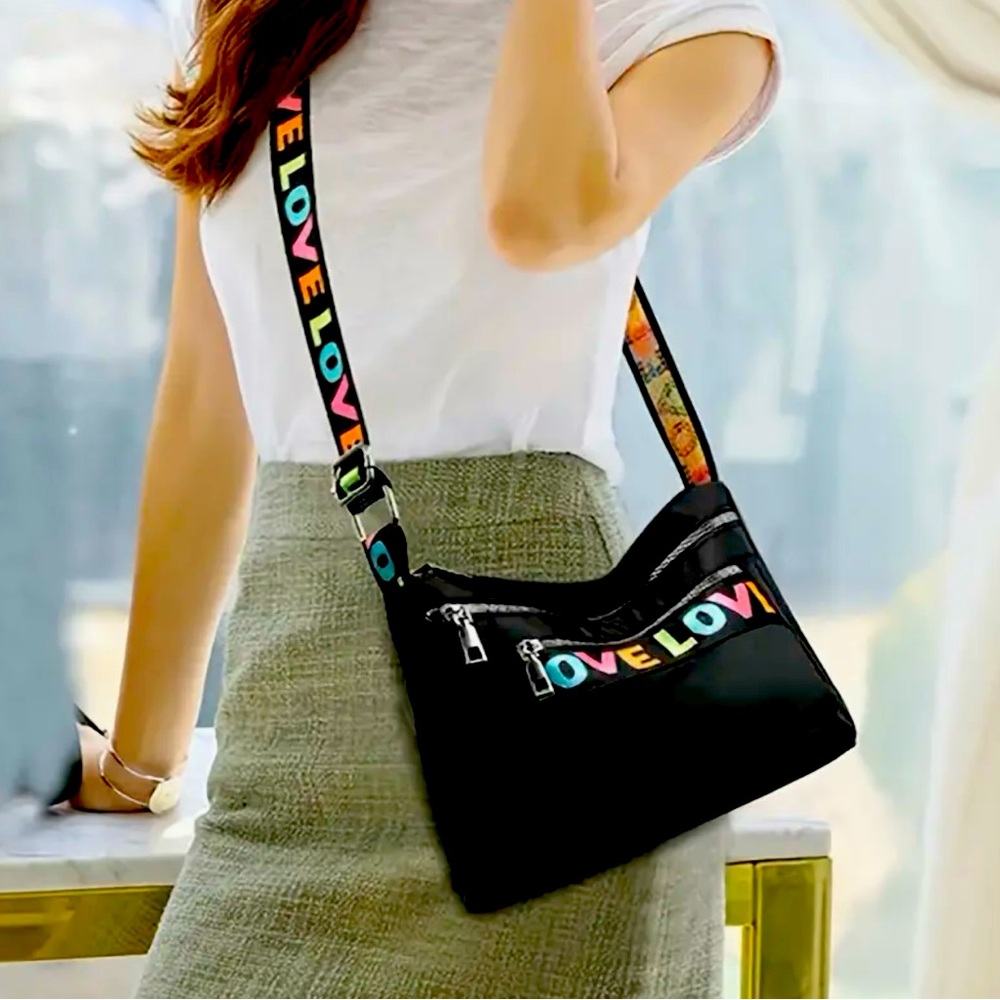 New - Trendy - Square Shaped Design Crossbody Bag with “LOVE” Embroidery - Black
